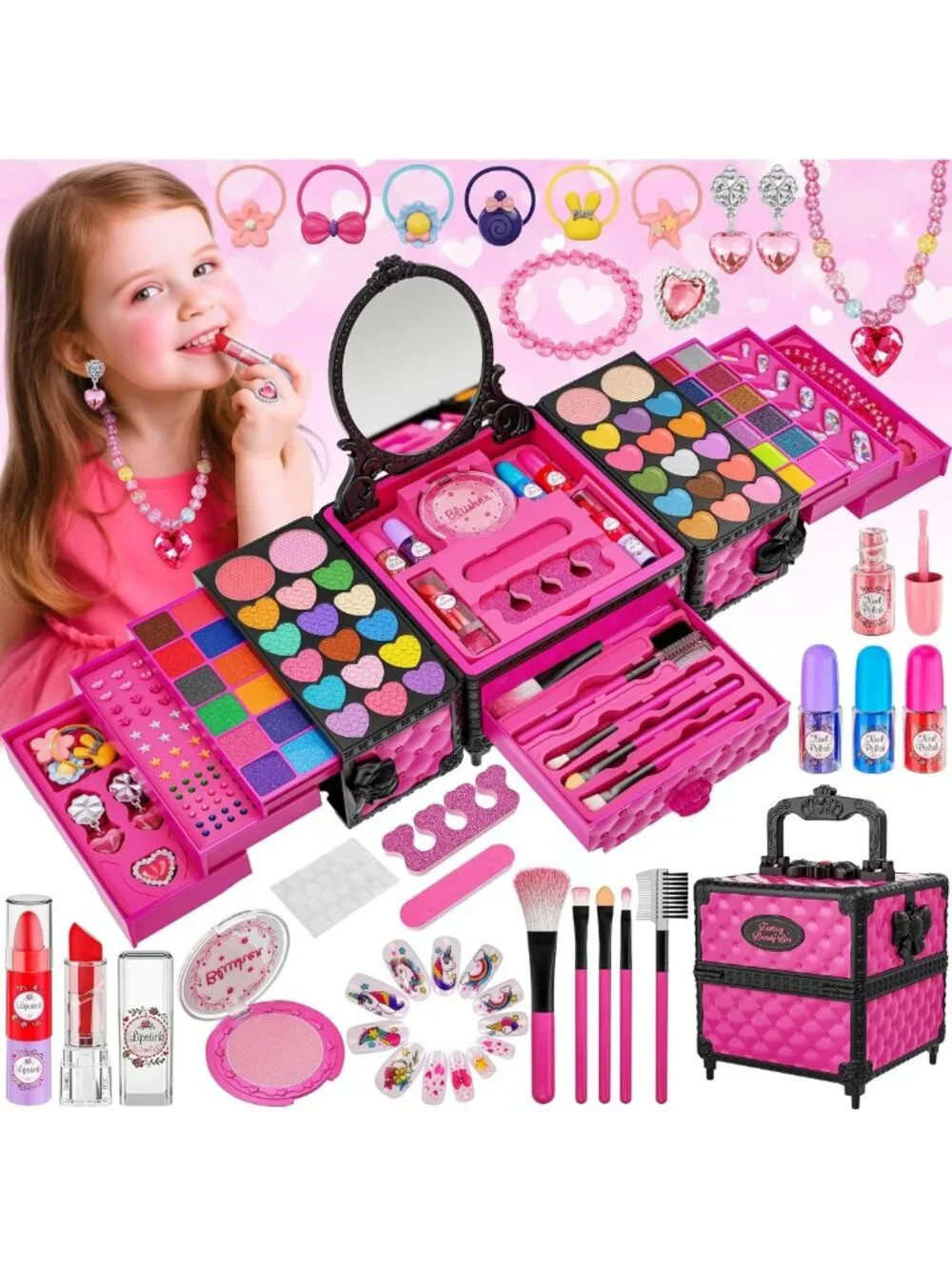 99 Pcs Kids Makeup Set for Girls, Washable Cosmetics, Mirror & Accessories, Age